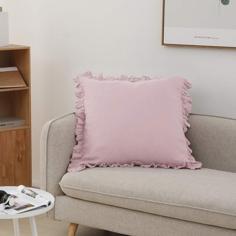 Simple&Opulence أغطية وسائد يورو من الكتان 100% بسيطة وفاخرة مع كشكش، 26x26 بوصة، مجموعة من 2 غطاء وسادة يورو لتزيين السرير والأريكة، ديكور منزلي فرنسي فاخر وقابل للتنفس، لون وردي فاتح - Image 5